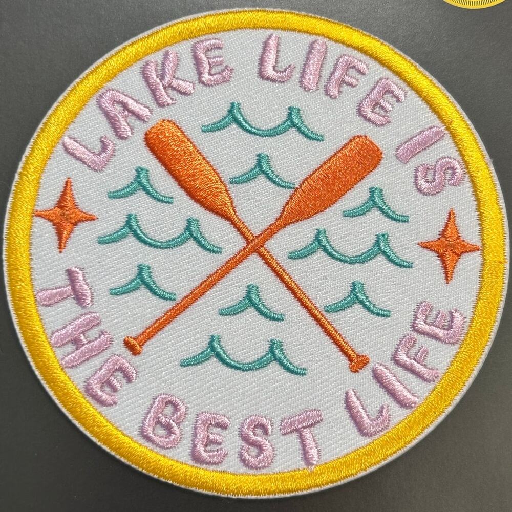Embroidered 3" Circle Patch Lake Life Is The Best Life Paddles Waves Iron On NWT